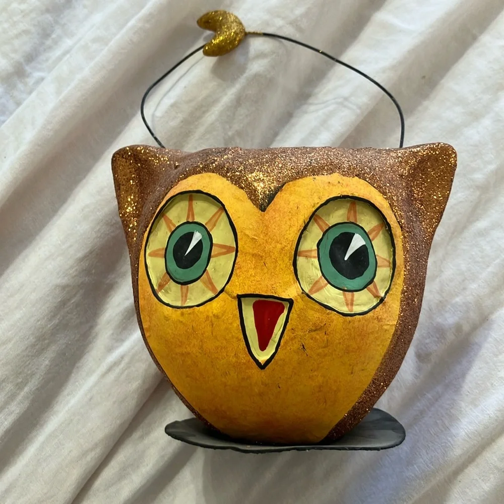 Vintage Inspired Halloween PaperOwl Bucket w/Handle 5”Handpainted with Glitter - Picture 1 of 10